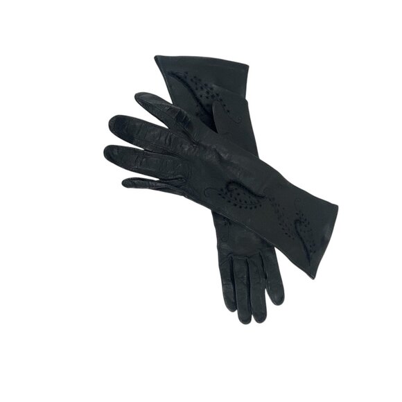 Vintage Women's Black Leather Gloves Intricate Paisley Embroidery Design - Picture 2 of 12